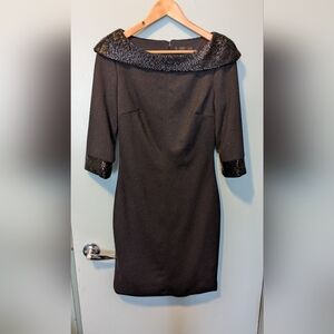 Lucian Matis Beaded Collar/Cuffs Black Cocktail Dress LBD 3/4 Sleeve S